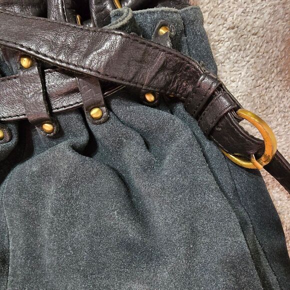 Anthropologie Holding horses suede leather teal black bucket shoulder handbag - Picture 9 of 12